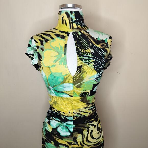Cache Floral Bodycon Dress Keyhole High Neck Short Sleeve Stretch - Picture 2 of 14